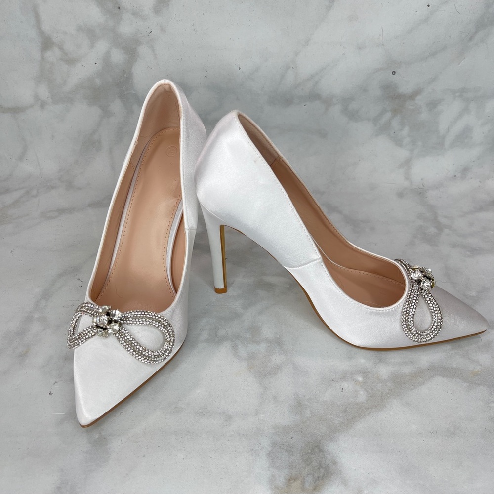 Satin Rhinestone Bow Pointed Toe High Heel Stiletto - 7.5 Worn Once